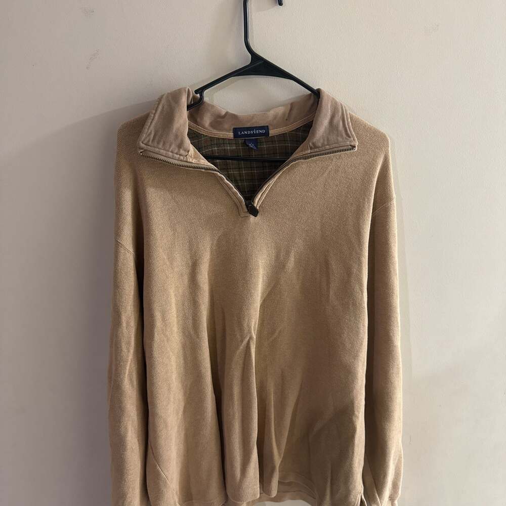 Lands' End Tan Quarter-Zip Pullover Sweater - Mens Large L Plaid Lined Collar